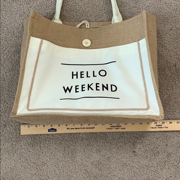 “Hello Weekend“ Woven/Canvas Bag w/ Pocket/Button - Picture 5 of 6